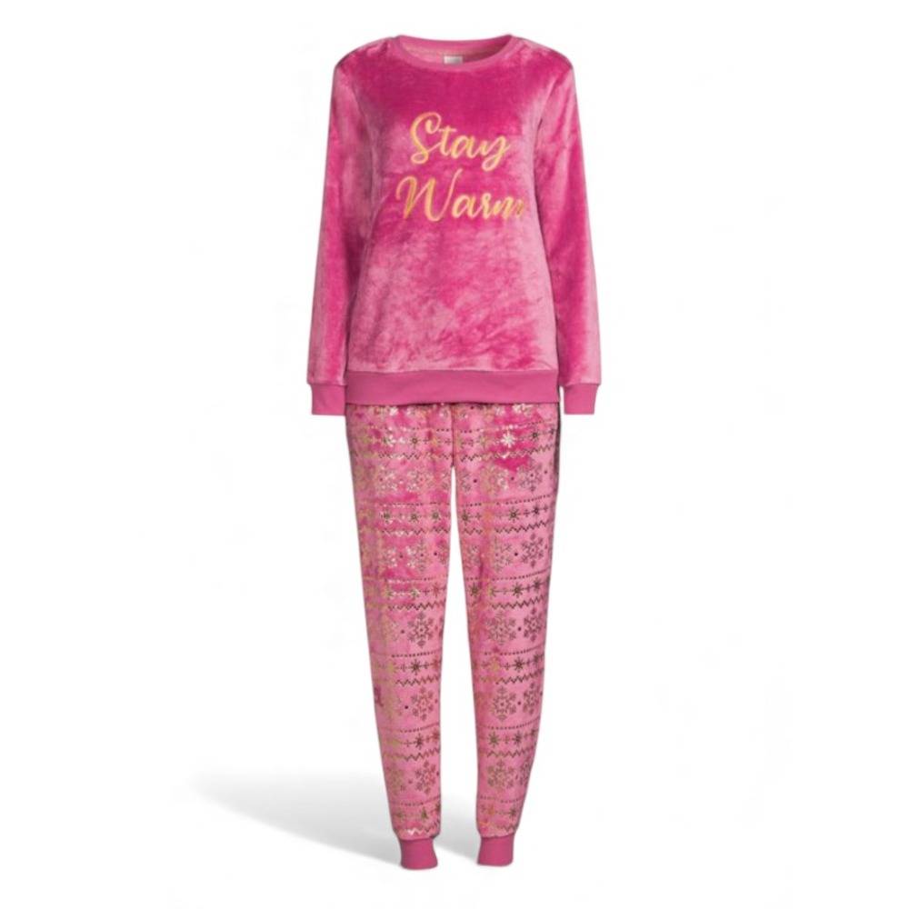 SECRET TREASURES Pink Fuzzy Fleece Pajamas STAY WARM Gold Snowflakes Joggers M